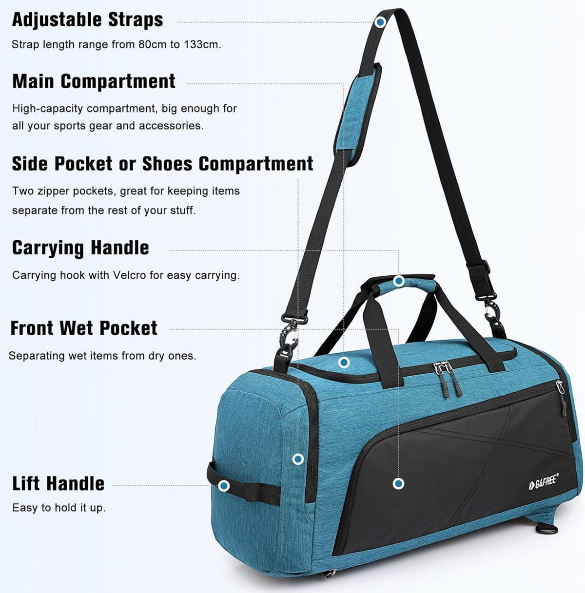 45l 3-Wege-Reise-Rucksack mit Nass- und Schuhfach, Blau