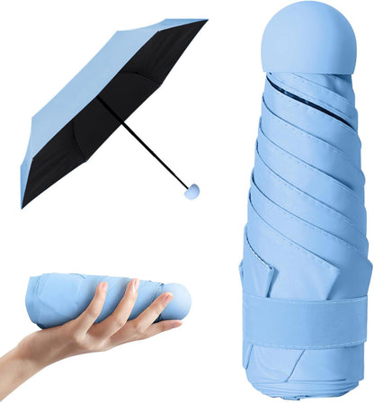 Vicloon Mini Regenschirm mit 5 Rippen Aluminiumständer Goldgriff Himmelblau UV-Schutz