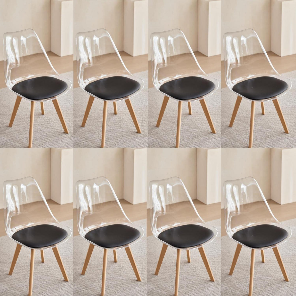 8 Moderne Transparente Esszimmerstühle mit Kissen & Holzbeine