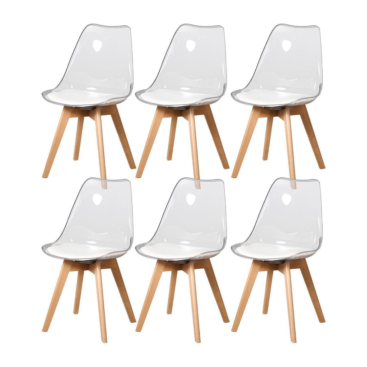 6 Moderne Transparente Esszimmerstühle mit Kissen – Weiß