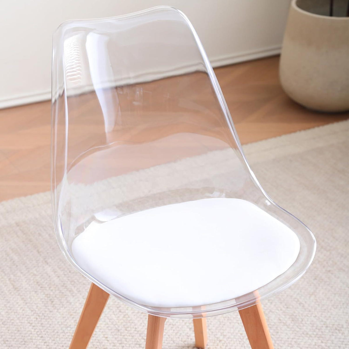 6 Moderne Transparente Esszimmerstühle mit Kissen – Weiß