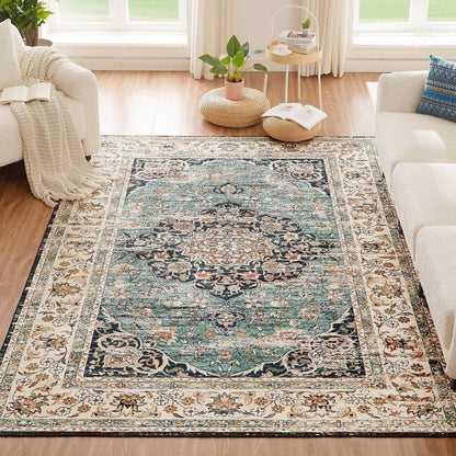 Vintage Kurzflor Teppich Blau 160x230cm - Waschbar & Rutschfest