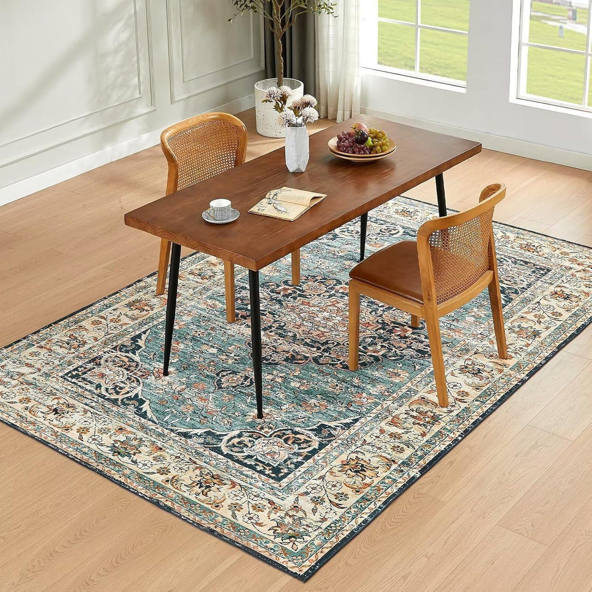 Vintage Kurzflor Teppich Blau 160x230cm - Waschbar & Rutschfest