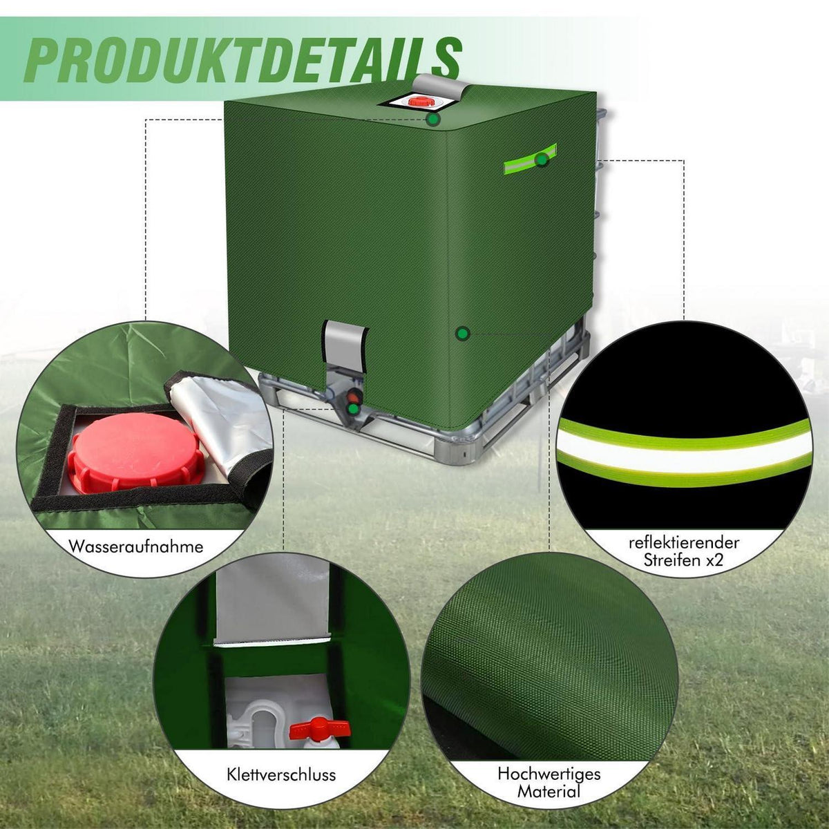 IBC Tank Abdeckung 1000L Grün mit Klettverschluss & Reflexstreifen