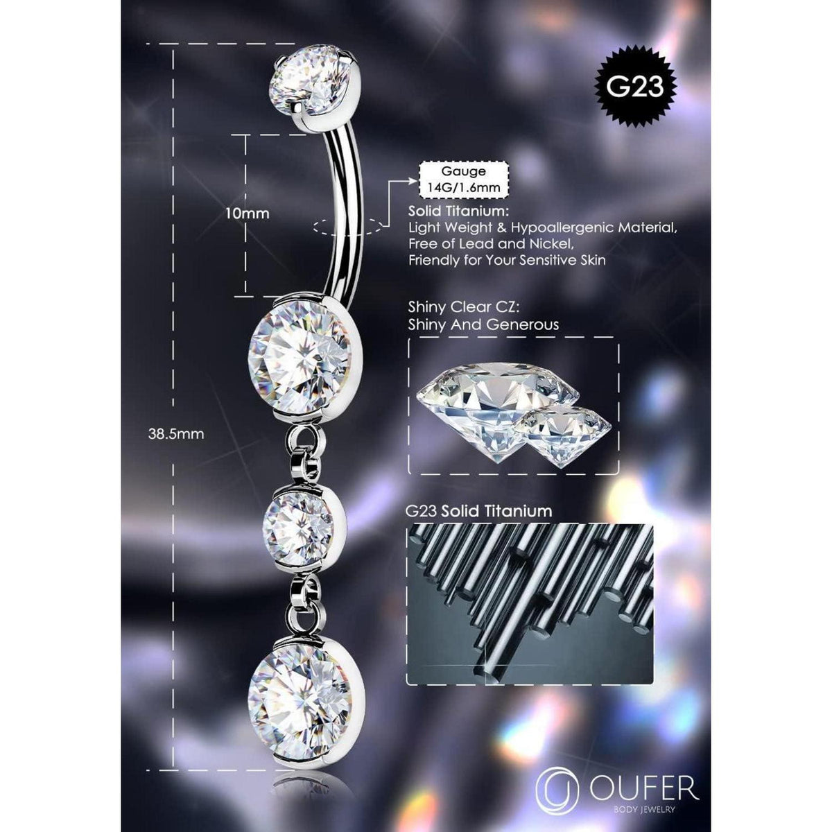 Bauchnabelpiercing Titan 14G 10mm klarer Zirkonia Innengewinde