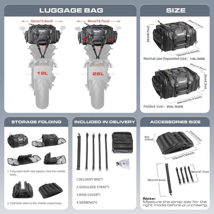 Motorrad Rücksitztasche 19-26L Wasserdicht & Erweiterbar