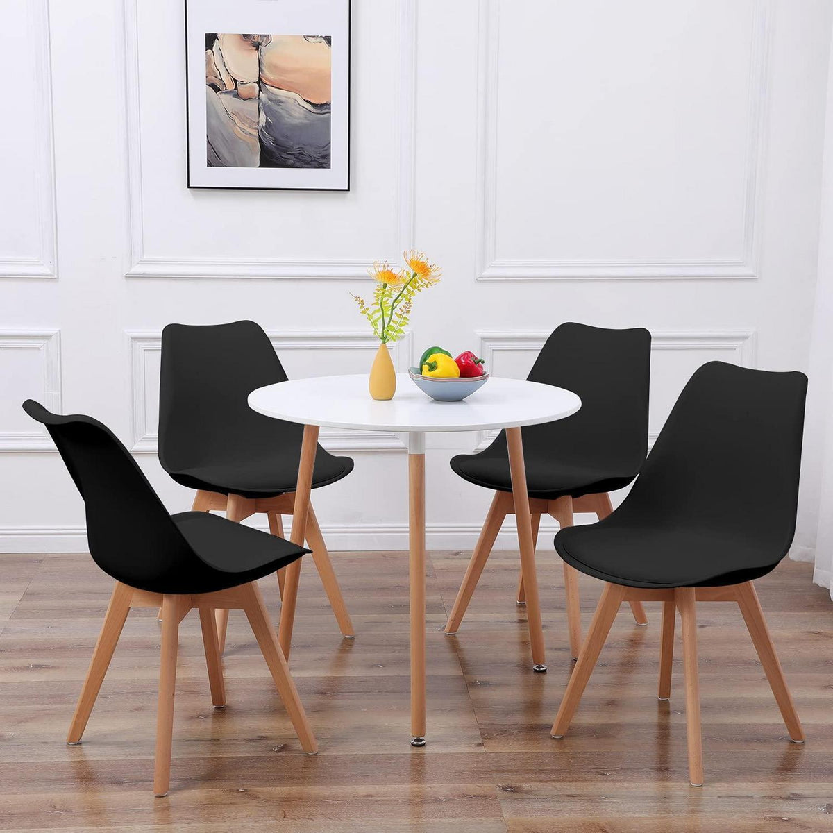 Esszimmer-Set: Runder Tisch weiß & 4 schwarze Stühle