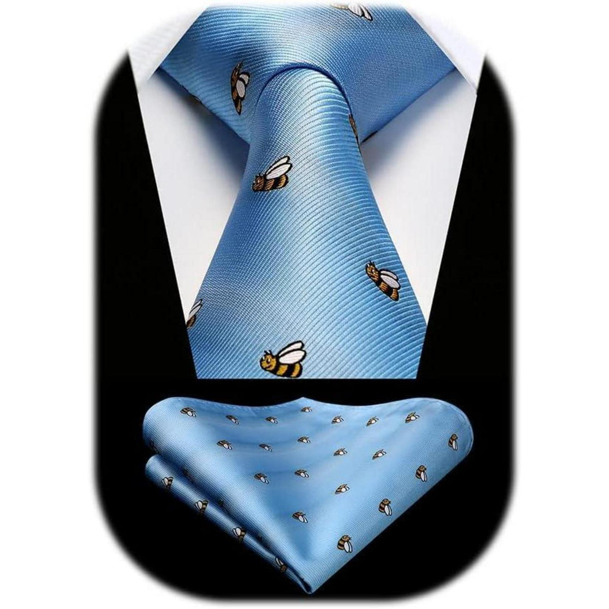 Herren Krawatten Set mit Einstecktuch, Biene Muster, Blau