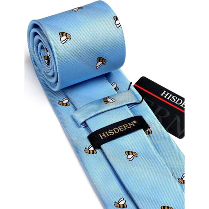 Herren Krawatten Set mit Einstecktuch, Biene Muster, Blau