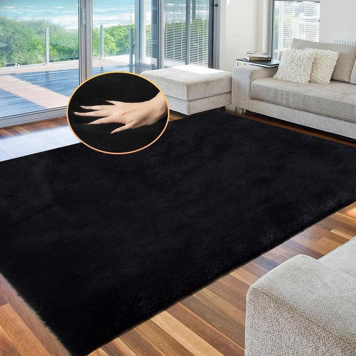 Flauschiger Kunstfell Teppich Schwarz 180x270 cm – Weicher Wohnteppich