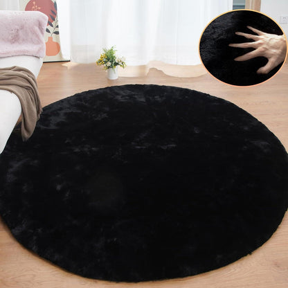 Runder Kunstfell Teppich 240 cm Schwarz – Flauschig & Waschbar