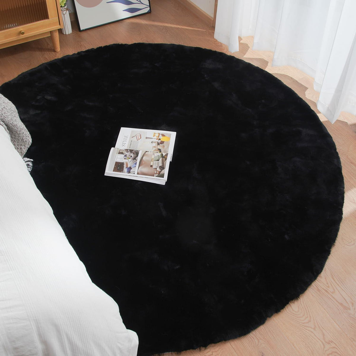 Runder Kunstfell Teppich 240 cm Schwarz – Flauschig & Waschbar