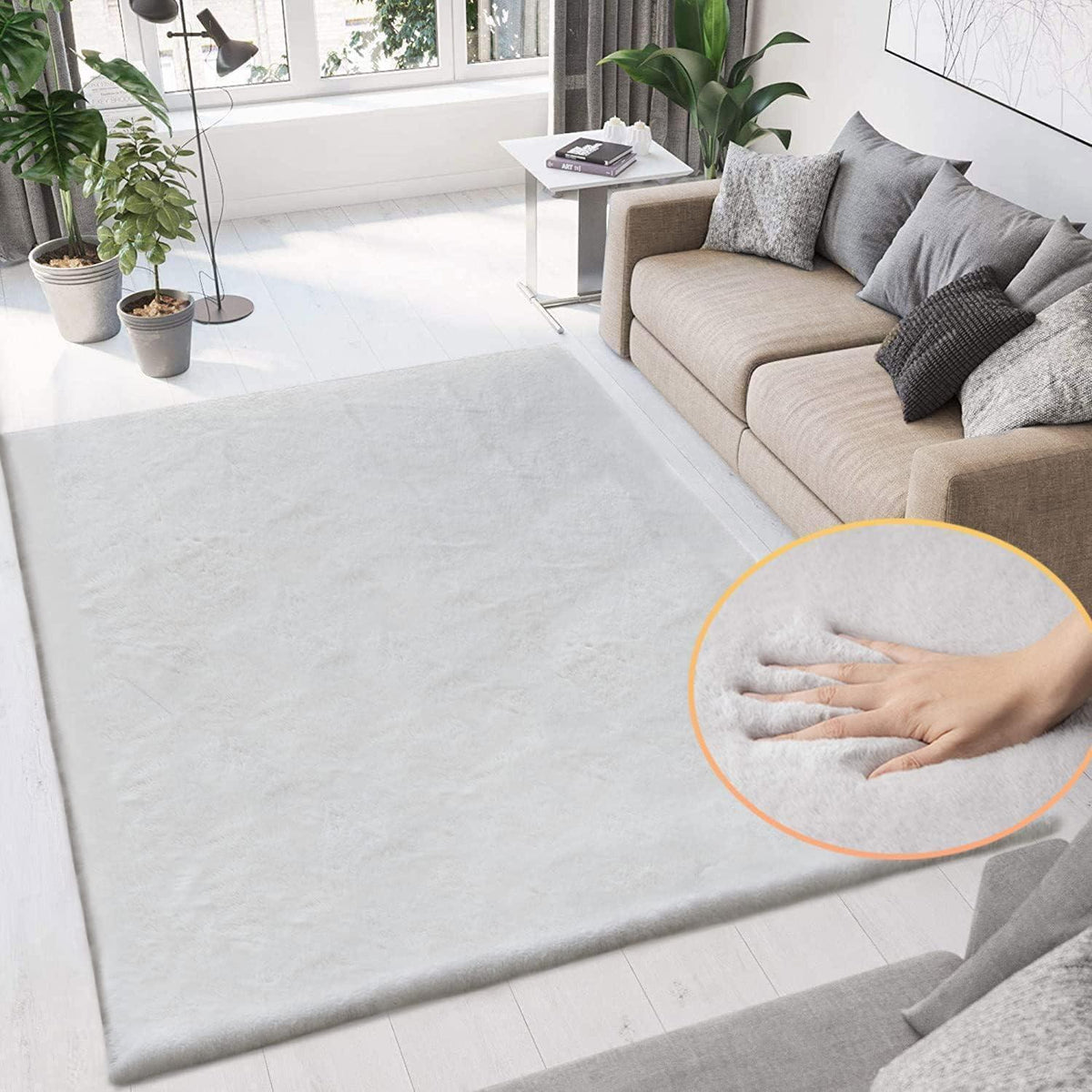 Flauschiger Grau Teppich 150x240 cm – Waschbarer Fellteppich Wohnzimmer