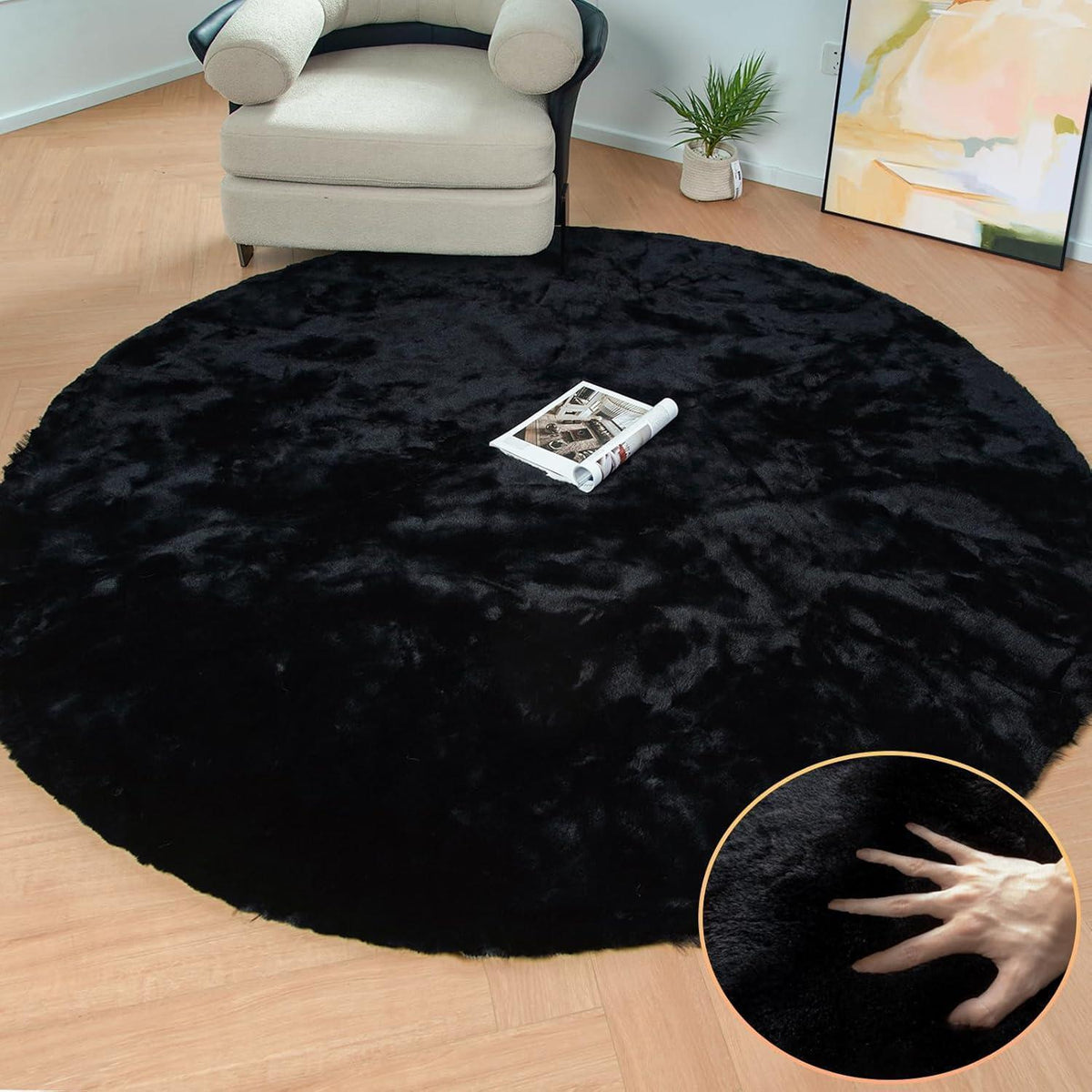 Runder Fellteppich Schwarz 150cm – Flauschiger Wohnteppich Schlafzimmer