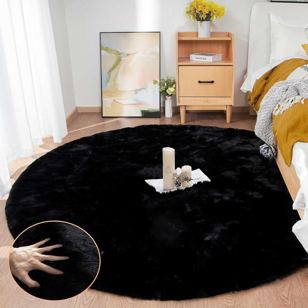 Runder Fellteppich Schwarz 150cm – Flauschiger Wohnteppich Schlafzimmer