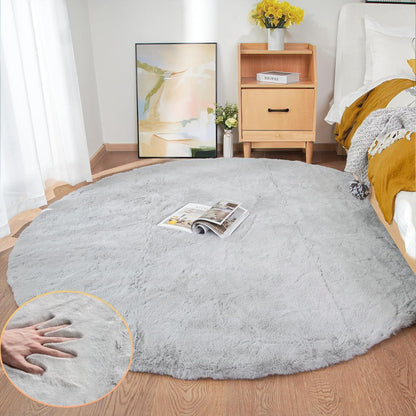 Runder Fellteppich Grau 150cm - Flauschiger Kunstfell Teppich