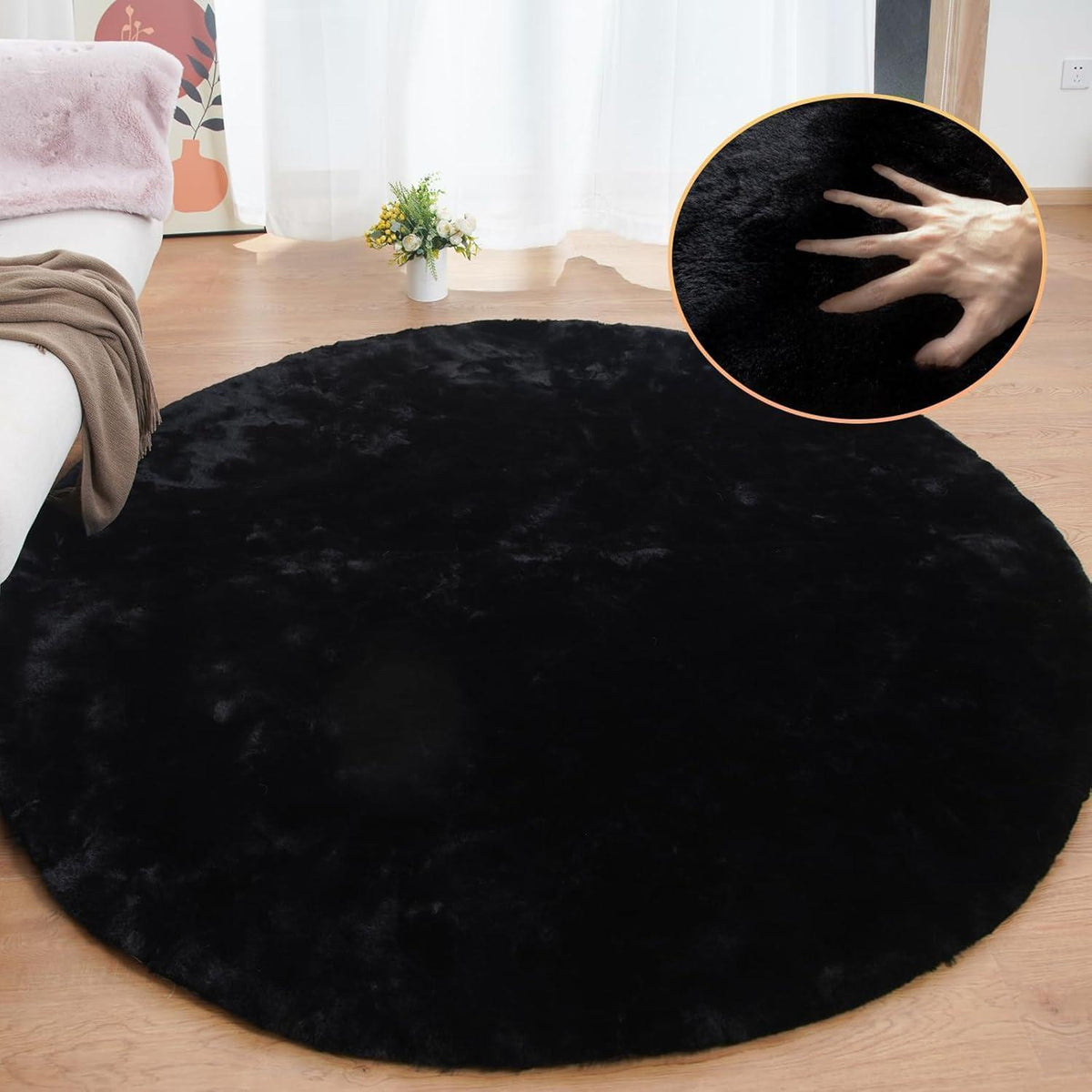 Runder Flausch Teppich 180 cm Schwarz – Waschbarer Kunstfell Teppich