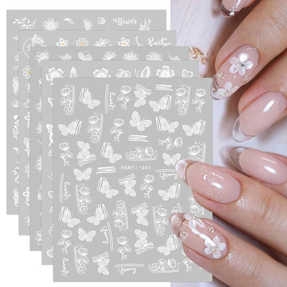 Frühlings-Nagelsticker: Weiße Blumen, Schmetterlinge & Blätter