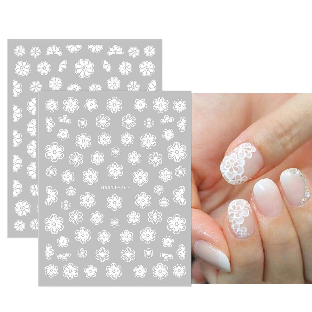 Frühlings-Nagelsticker: Weiße Blumen, Schmetterlinge & Blätter