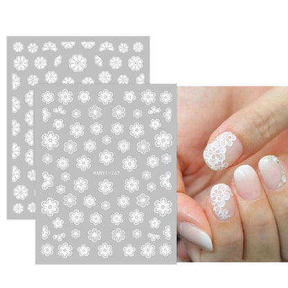 Frühlings-Nagelsticker: Weiße Blumen, Schmetterlinge & Blätter