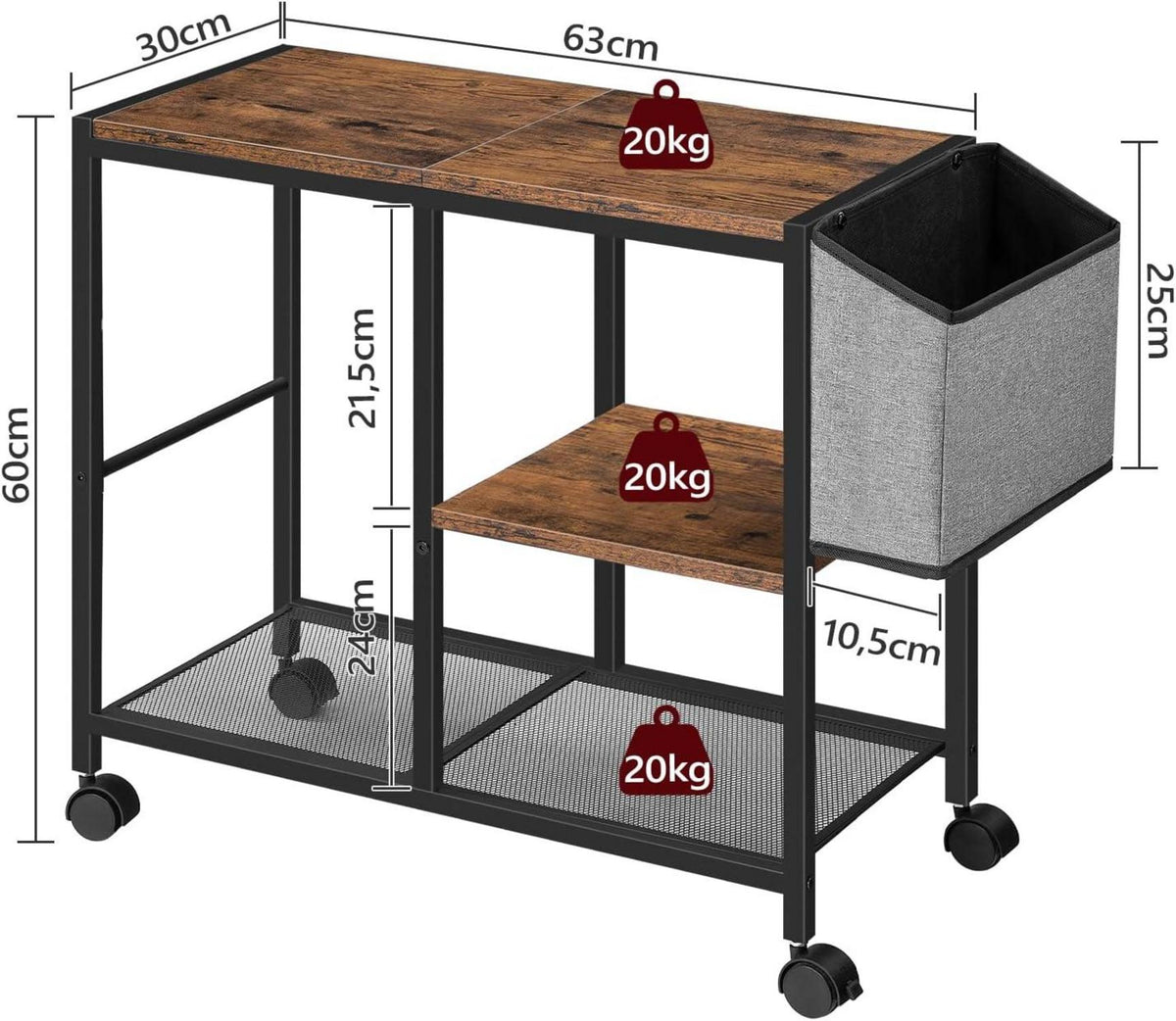 Druckertisch mit Rollen und Tasche, 3 Ebenen, 63 x 30 x 60 cm, Braun
