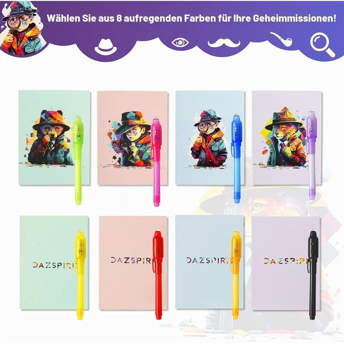 Geheimstift Set mit UV-Licht & Notizblöcken – 16er Pack