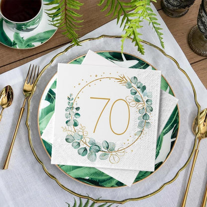 Servietten 70. Geburtstag Deko Eukalyptus Grün Gold 40 Stück