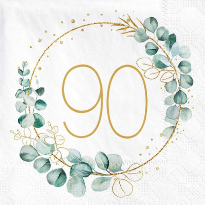 Servietten 90. Geburtstag - 40 Stück Eukalyptus Grün Gold