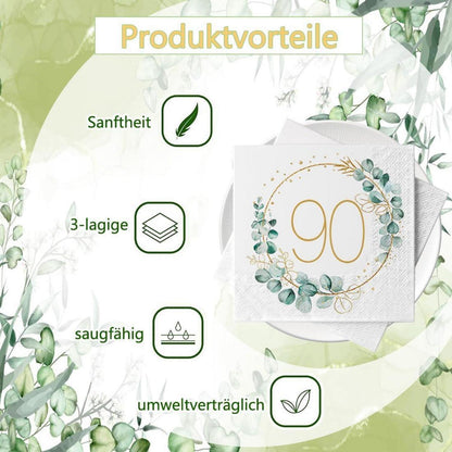 Servietten 90. Geburtstag - 40 Stück Eukalyptus Grün Gold