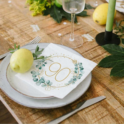 Servietten 90. Geburtstag - 40 Stück Eukalyptus Grün Gold