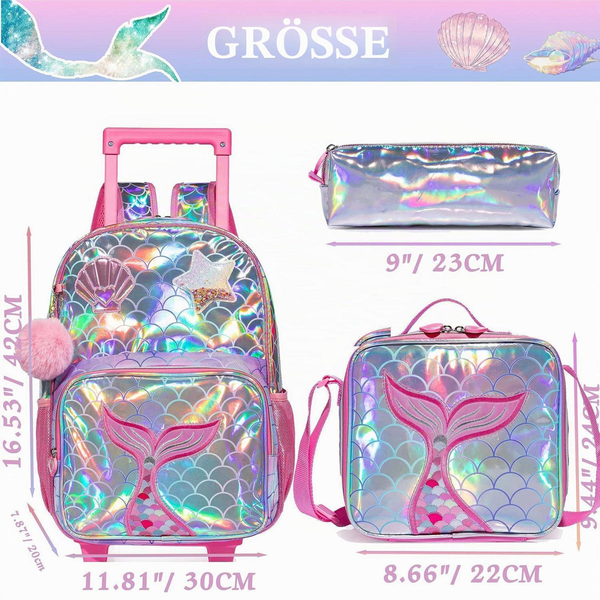 Meerjungfrau Schulrucksack mit Rollen | Kinder Trolley Rosa