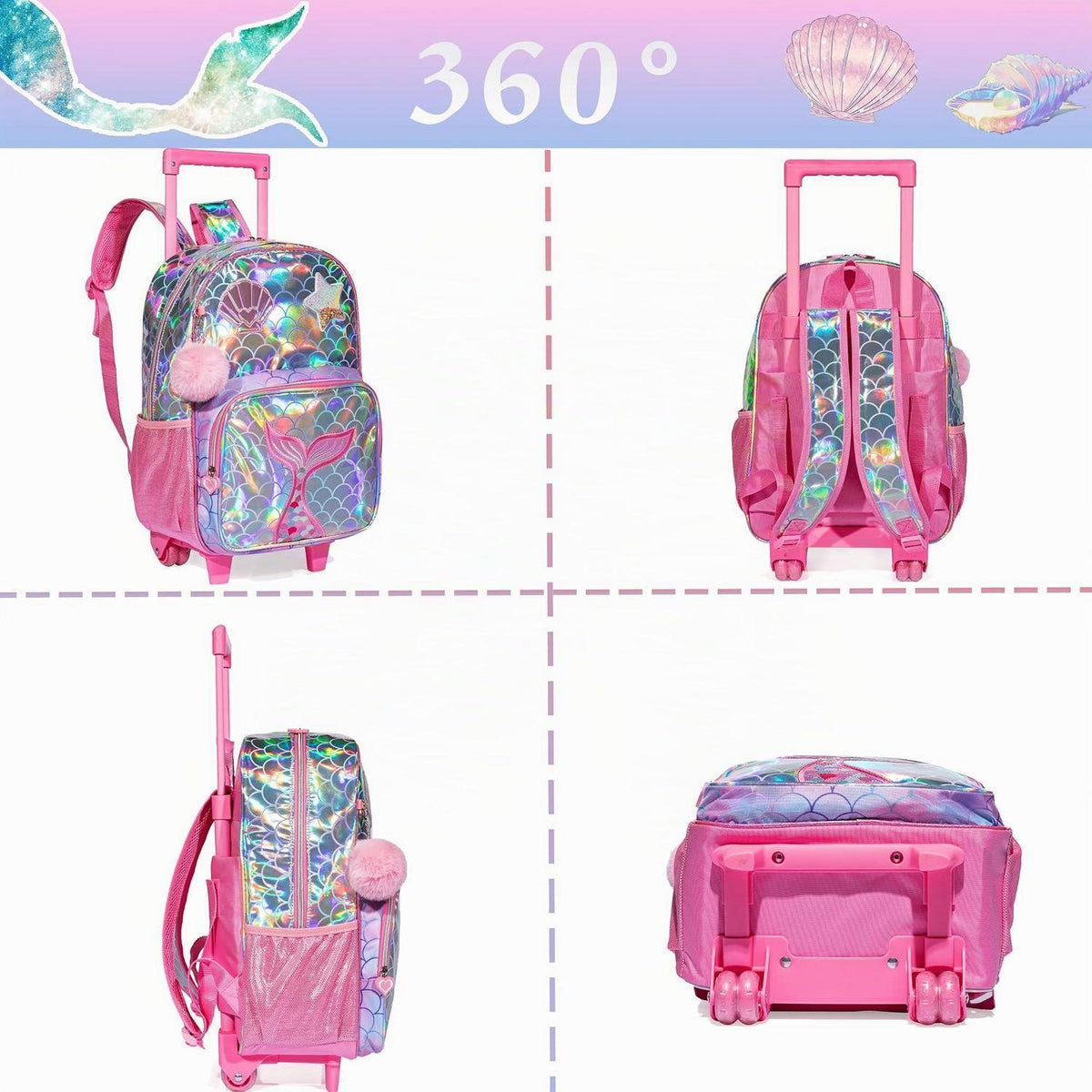 Meerjungfrau Schulrucksack mit Rollen | Kinder Trolley Rosa