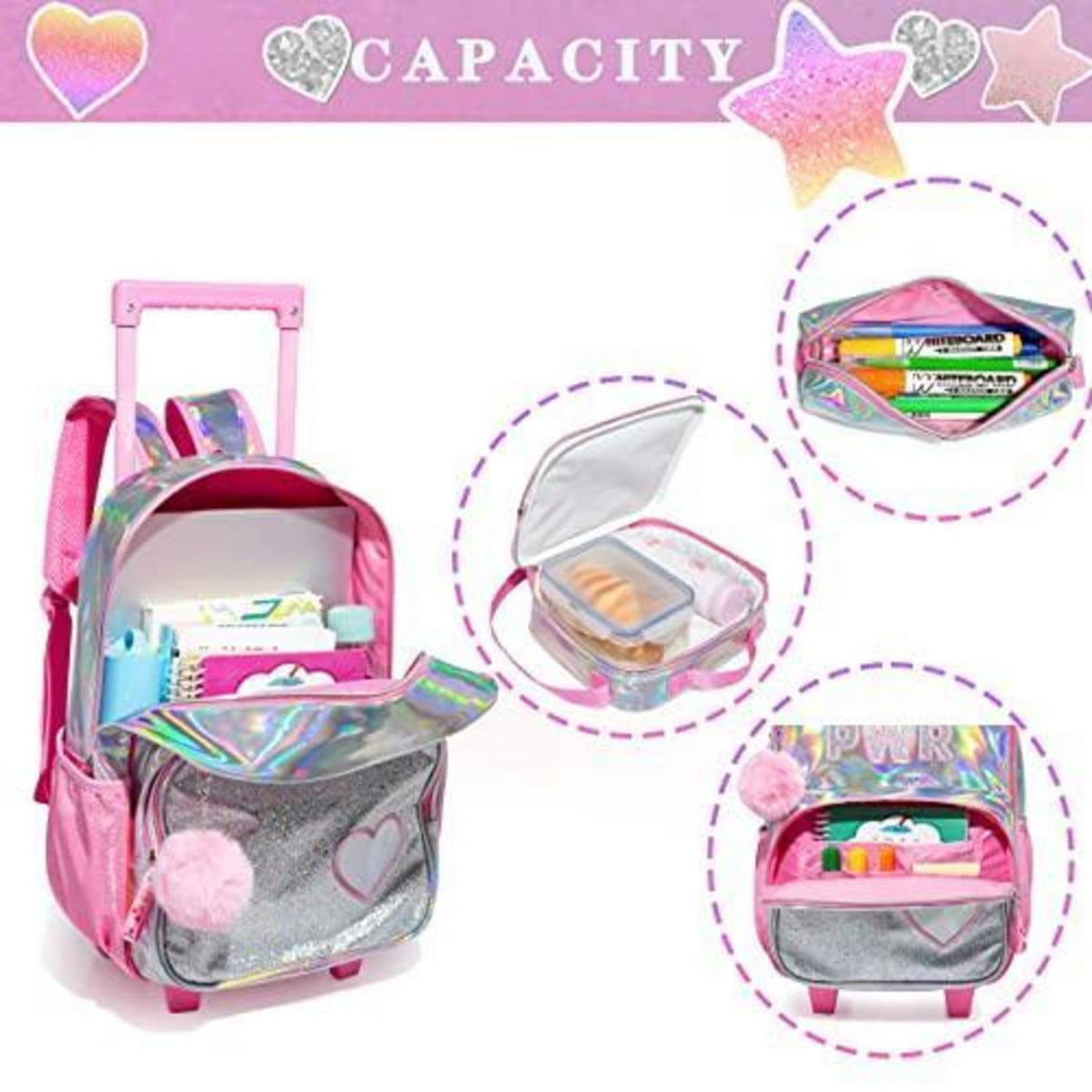 Rosa Kinder Trolley Rucksack mit Rollen & Zubehör