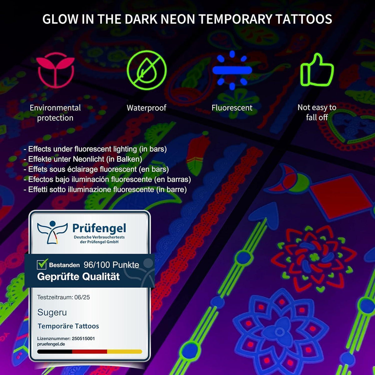 Neon Gesichtstatowierungen – 9 Blätter, Schwarzlicht Schminke