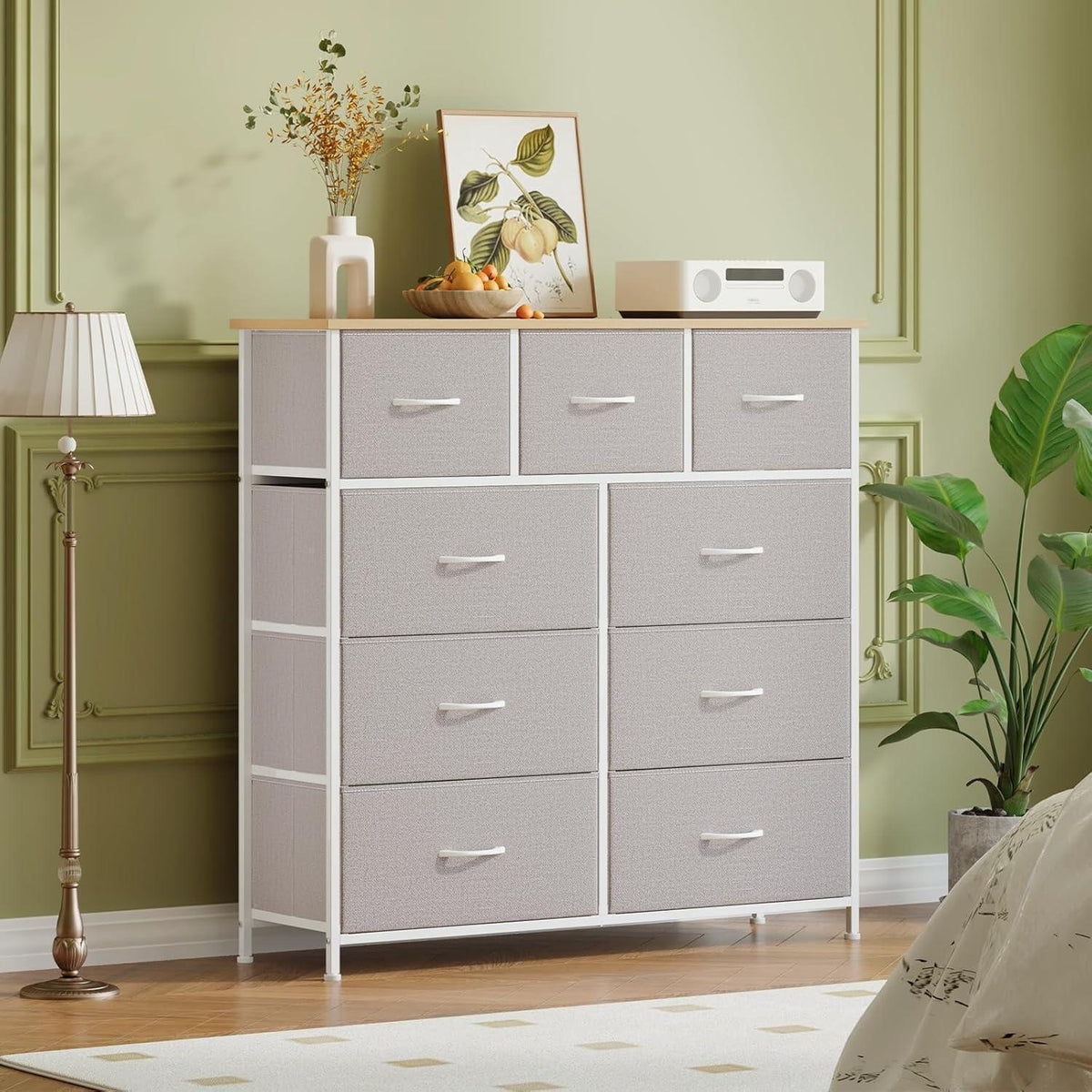 Kommode mit 9 Stoffschubladen – Aschgrau, 100x30x99 cm