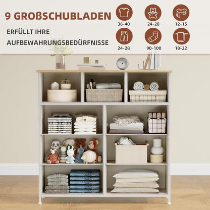 Kommode mit 9 Stoffschubladen – Aschgrau, 100x30x99 cm