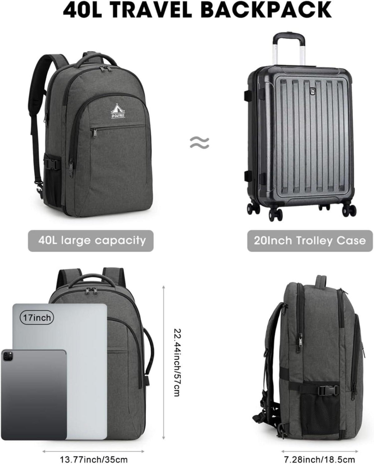 G4Free 40L Rucksack Damen Herren 17-Zoll Laptop Packwürfel