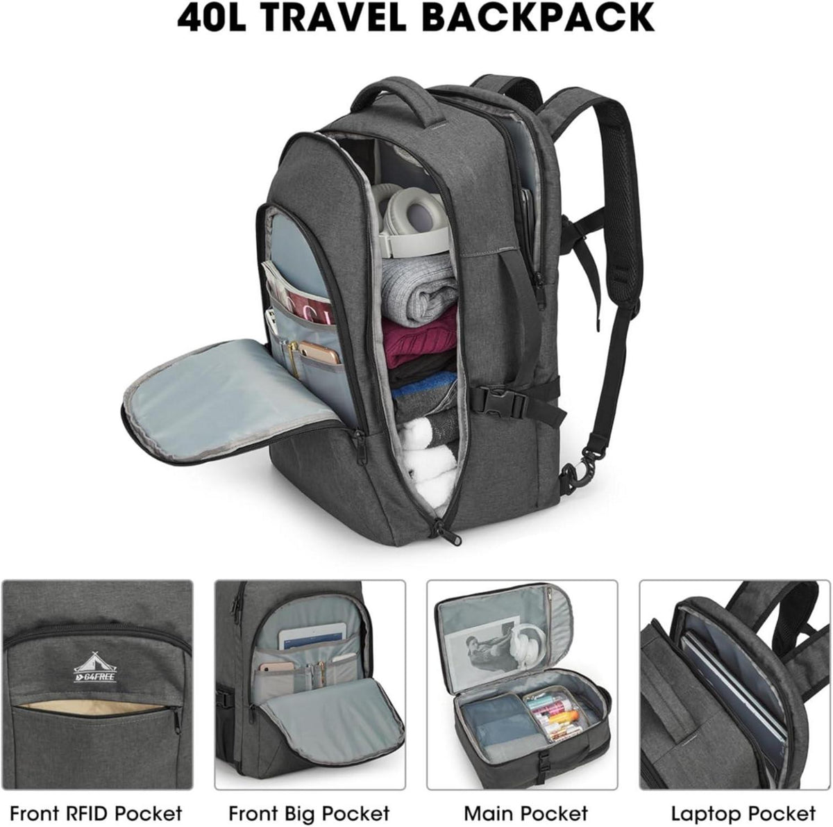 G4Free 40L Reiserucksack mit 17-Zoll Laptopfach und 3 Packwürfeln Grau