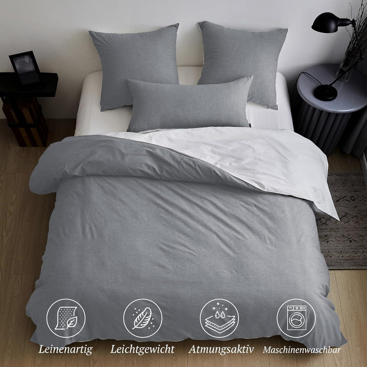 Bettwäsche-Set 135x200 Baumwolle Dunkelgrau Stone Washed Look 4-teilig