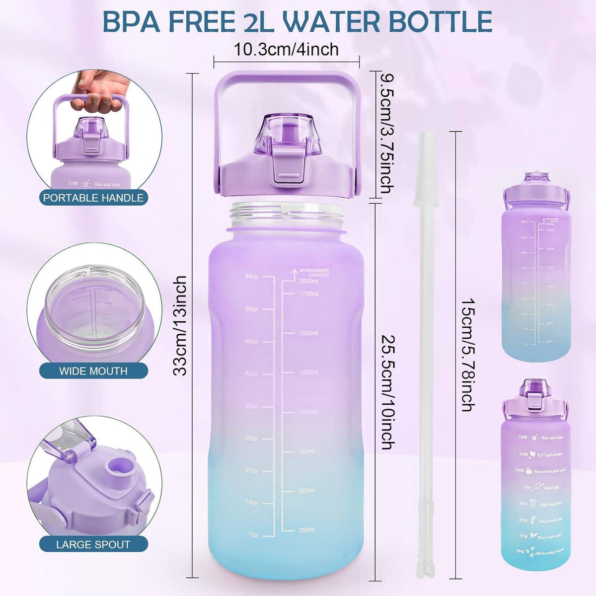 Trinkflasche 2L BPA-Frei mit Strohhalm Zeitmarkierungen
