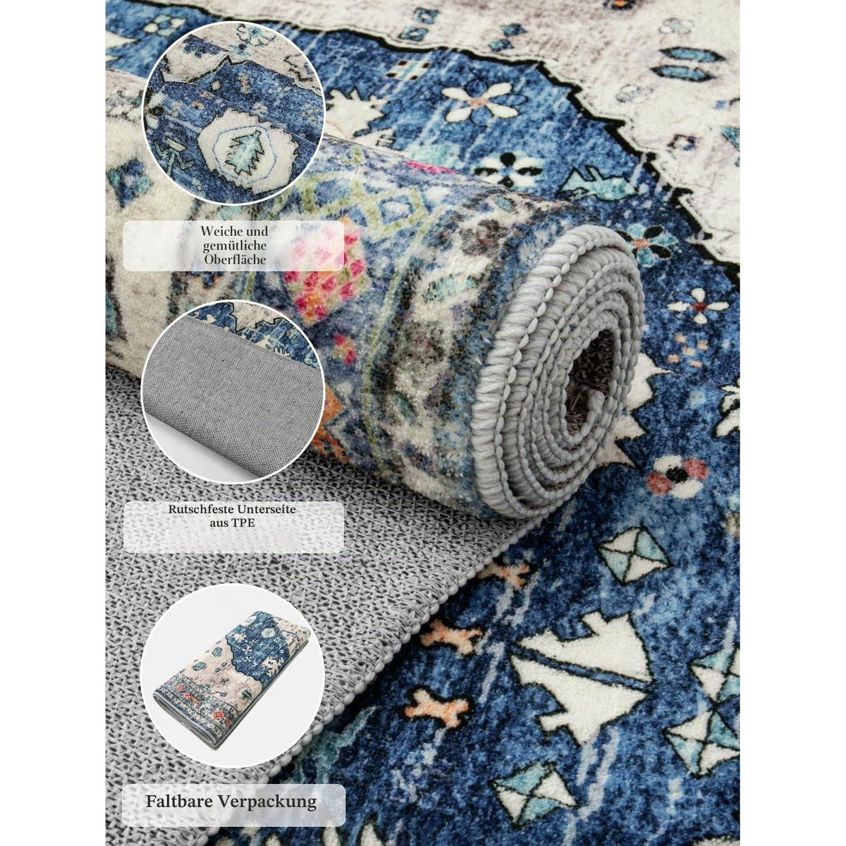 Boho Teppich 90x150cm Waschbar – Weicher Kurzflor für Wohnzimmer