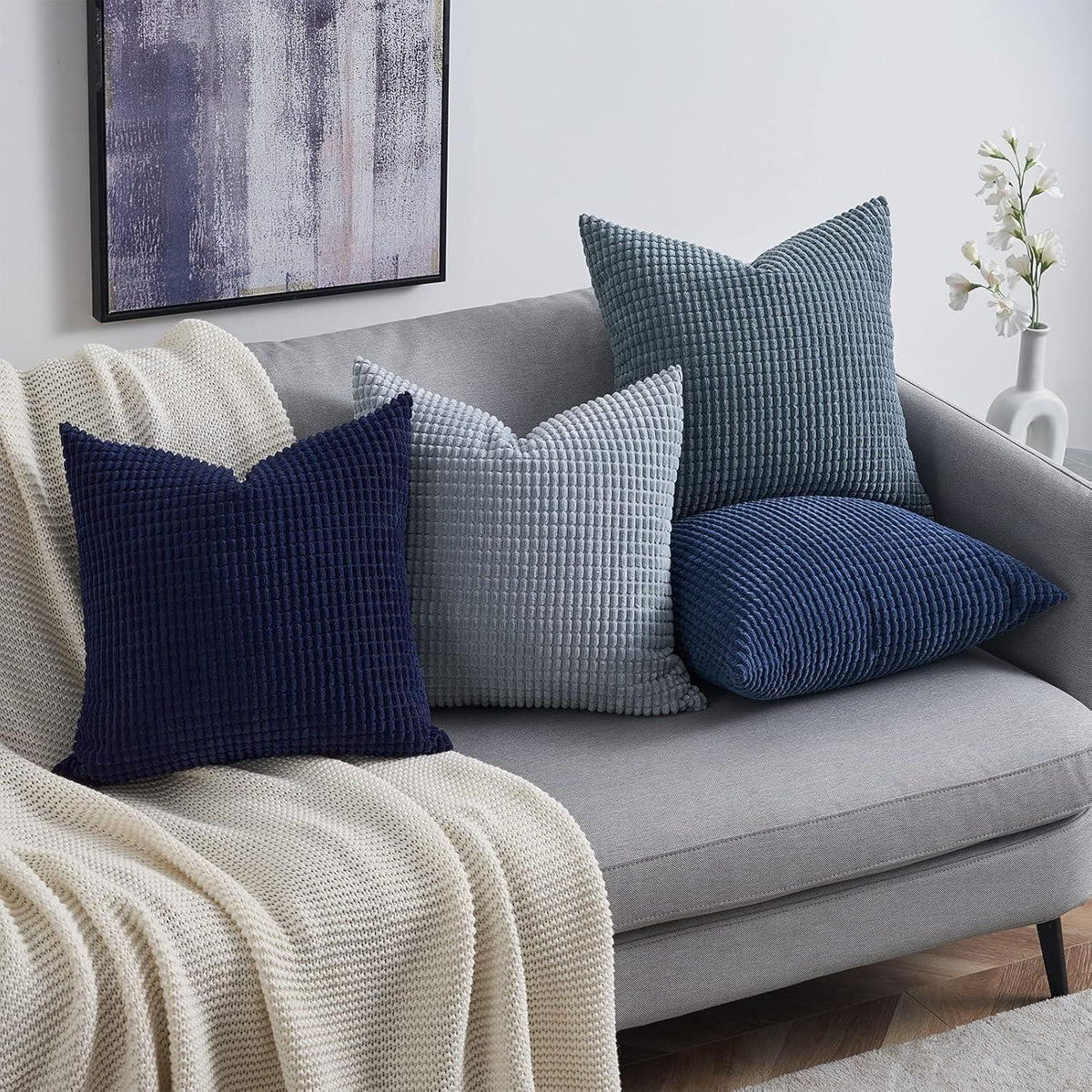 Kissenbezug 40x40 Blau 4er Set Cord körnig Farbverlauf Kissenhülle