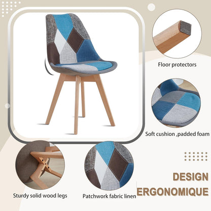 Patchwork Esszimmerstühle Set Blau | 8 Stühle mit Kissen & Holzbeinen