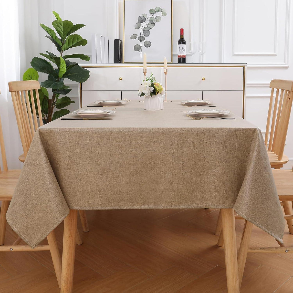Abwaschbare Tischdecke Leinenoptik mit Lotuseffekt Hellbraun 130x160 cm