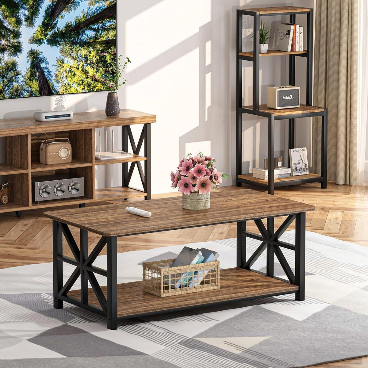 Couchtisch mit Stauraum, 100cm, Holz & Metall, Braun