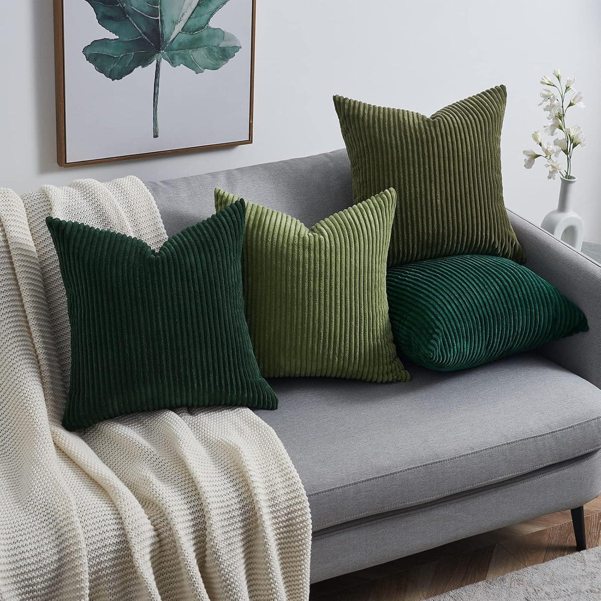 4er Set Kissenbezug 40x40cm, Kordsamt, dunkelgrün, Deko Sofa