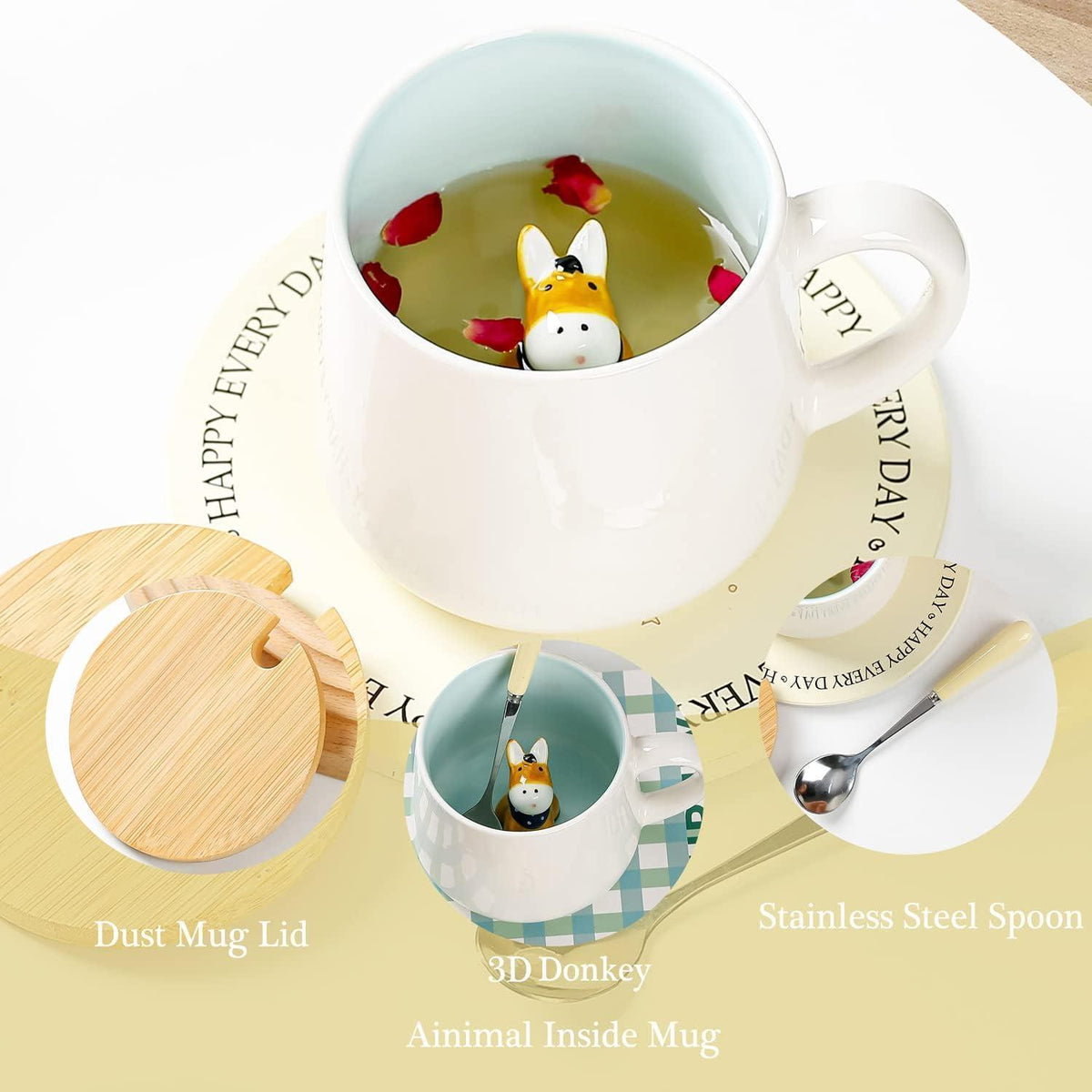 Keramiktasse Esel mit Deckel & Löffel – Süße Kaffeetasse Geschenk