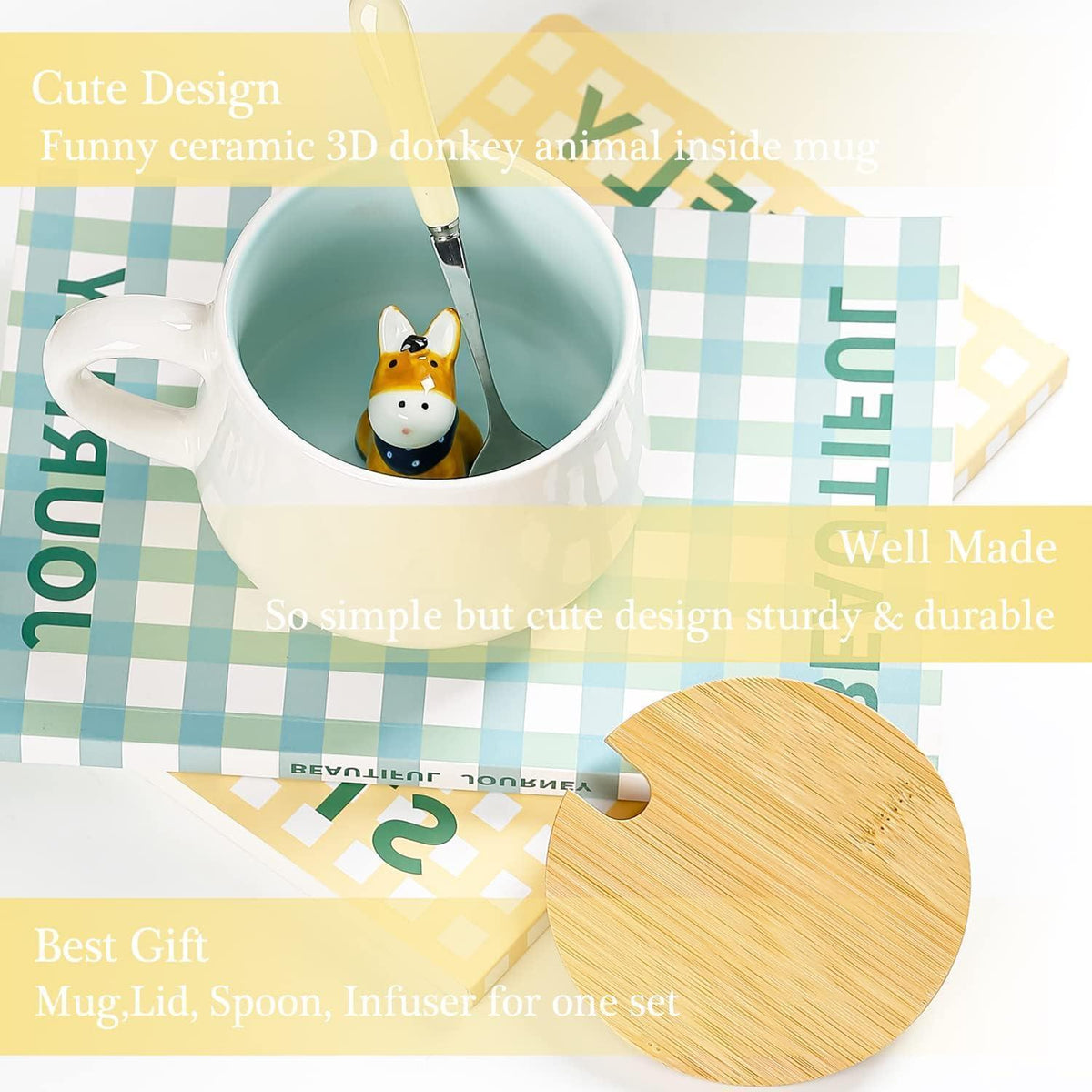 Keramiktasse Esel mit Deckel & Löffel – Süße Kaffeetasse Geschenk