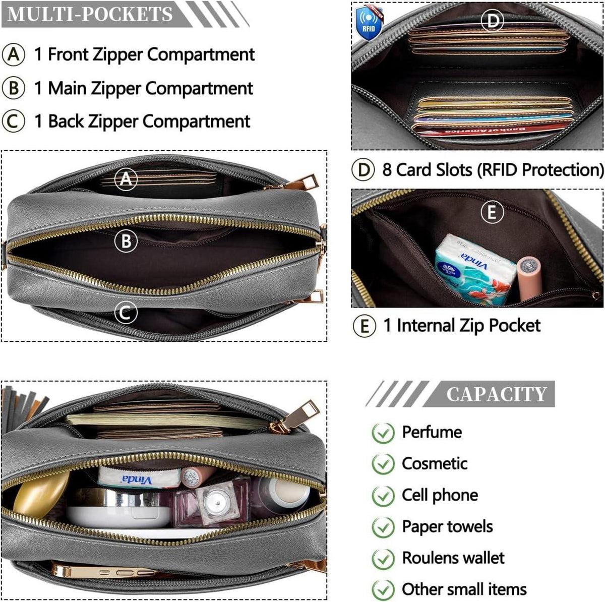 Damen Umhängetasche Veganem Leder Crossbody Schultertasche mit 3 Reißverschlussfächern C-dunkelgrau