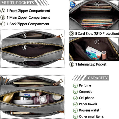 Damen Umhängetasche Veganem Leder Crossbody Schultertasche mit 3 Reißverschlussfächern C-dunkelgrau